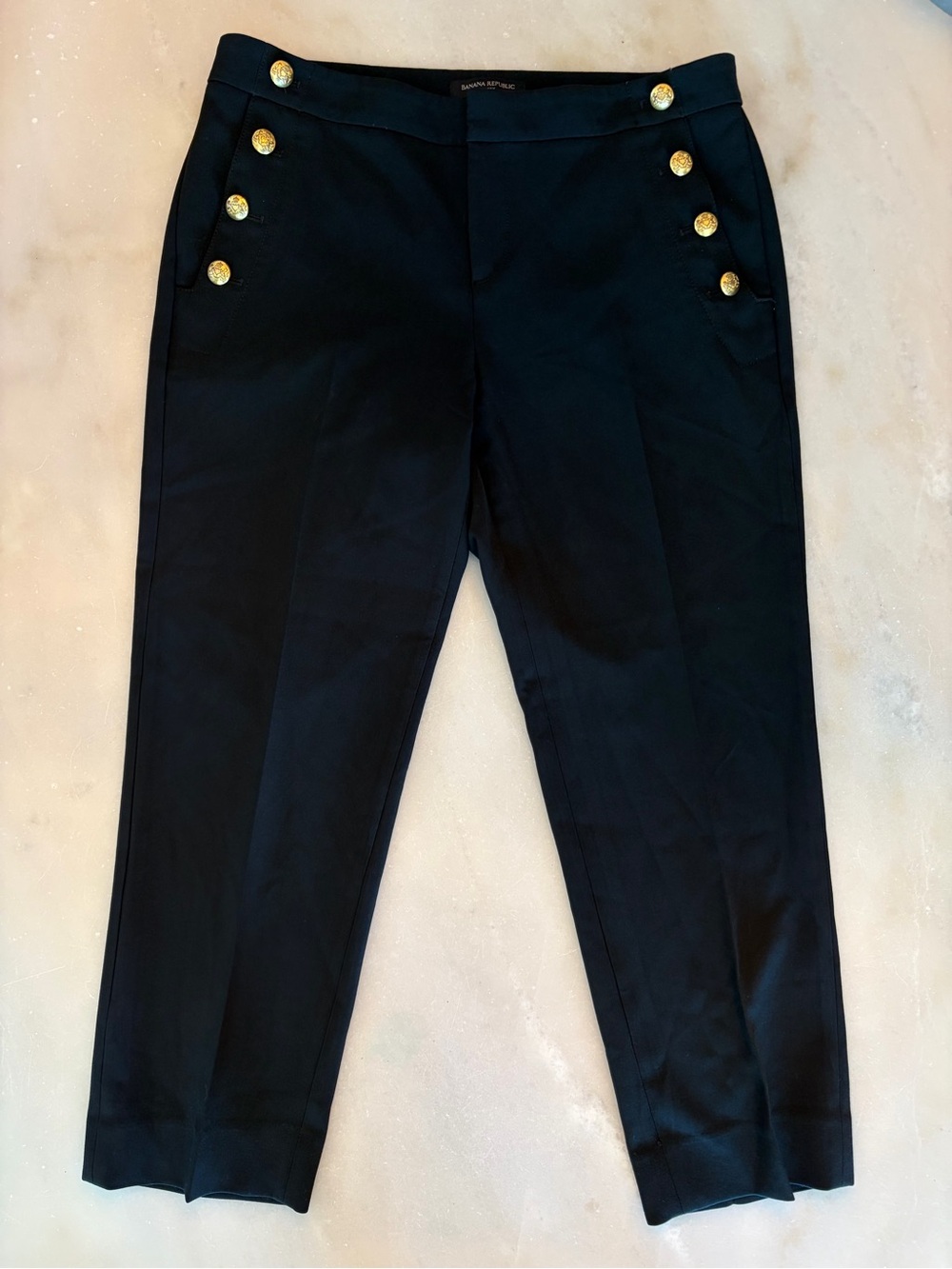 Banana Republic Black Straight-Leg Avery Pants with Gold Buttons